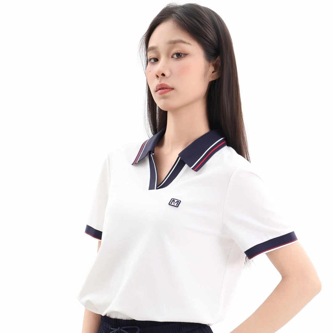 玖玫蘭2025新款轻奢v领polo衫女夏款休闲时尚百搭撞色翻领短袖