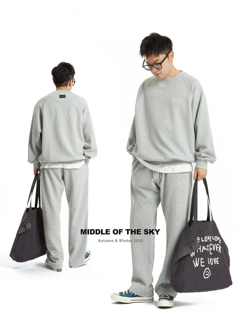 MIDDLE OF THE SKY秋季简约潮流宽松刺绣华夫格圆领运动休闲套装