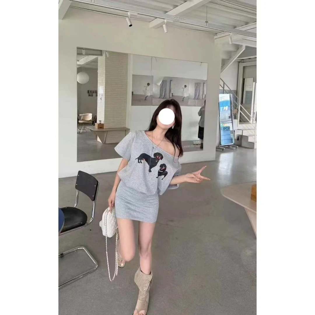 【88538】杂志风印花宽松型斜领短袖连衣裙小众显瘦