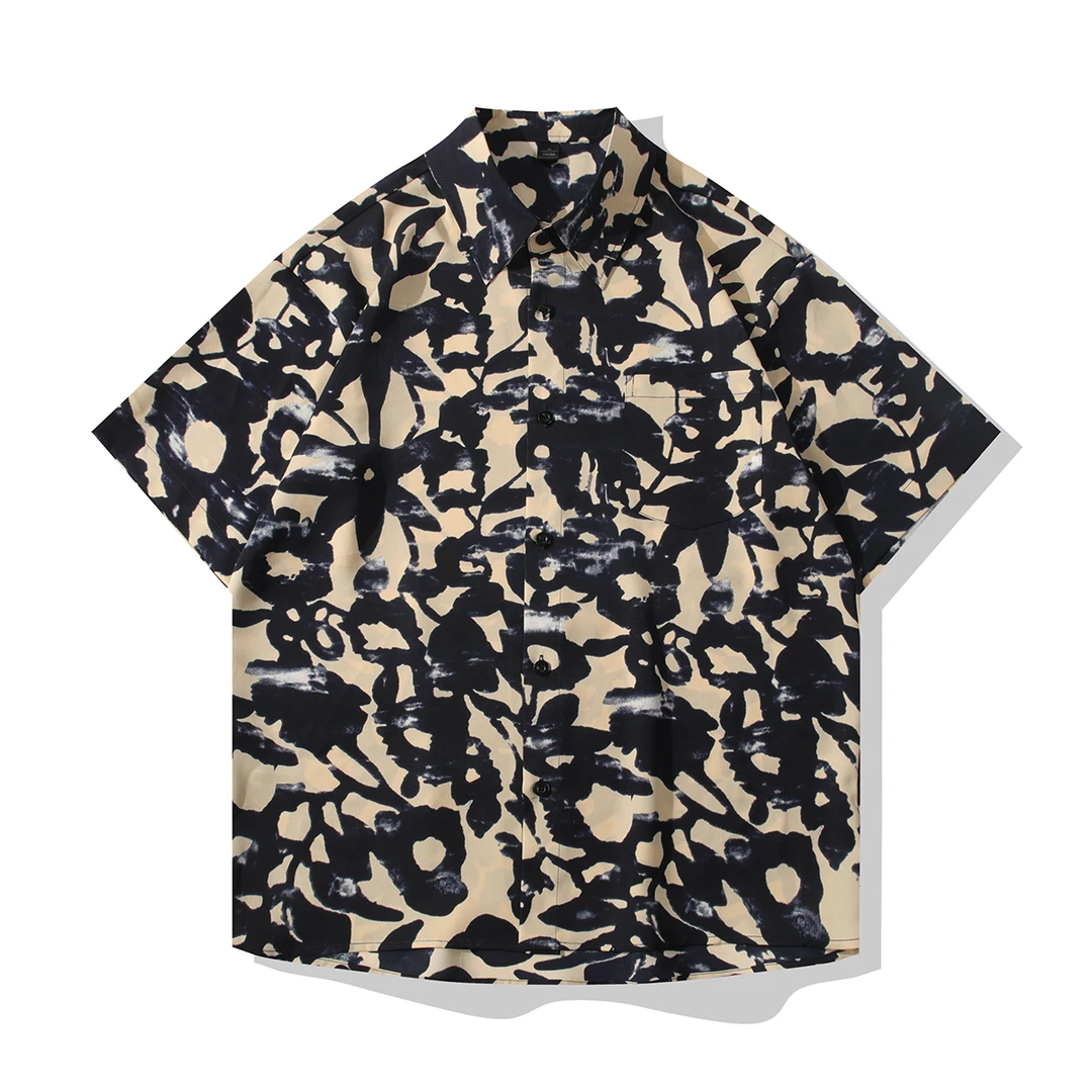 潮流复古冰丝衬衣柔软休闲夏季度假风花衬衫上衣短袖宽松冰凉衬衫