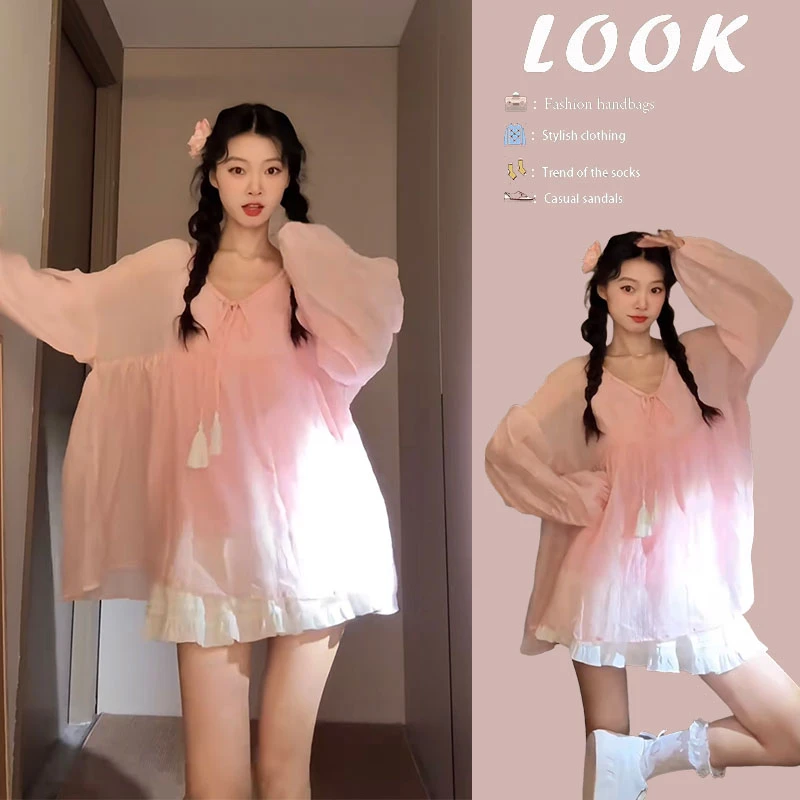 今年流行漂亮套装2025新款女甜美减龄宽松长袖上衣显瘦短裙两件套