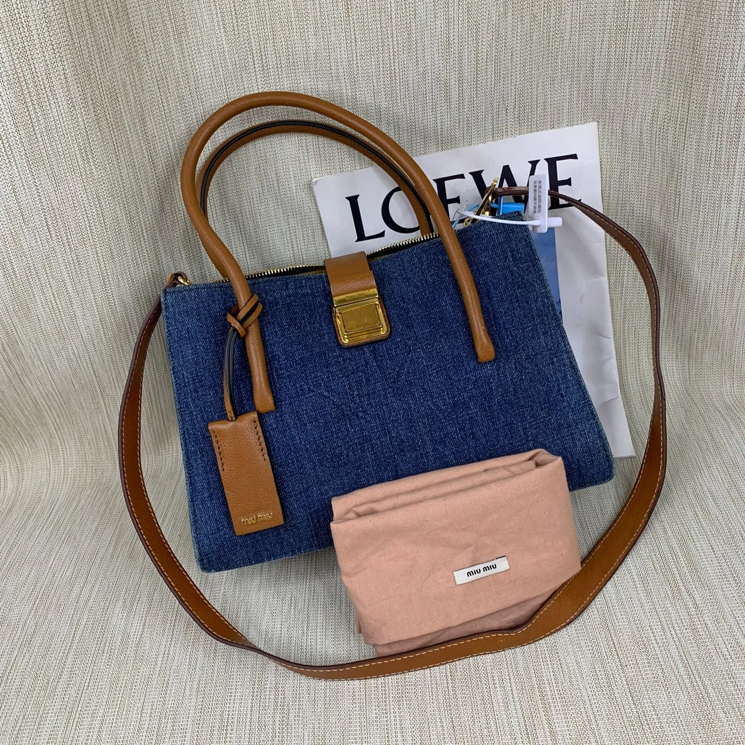95新 MIU MIU/缪缪 牛仔拼皮手提包/EE09510054/0054