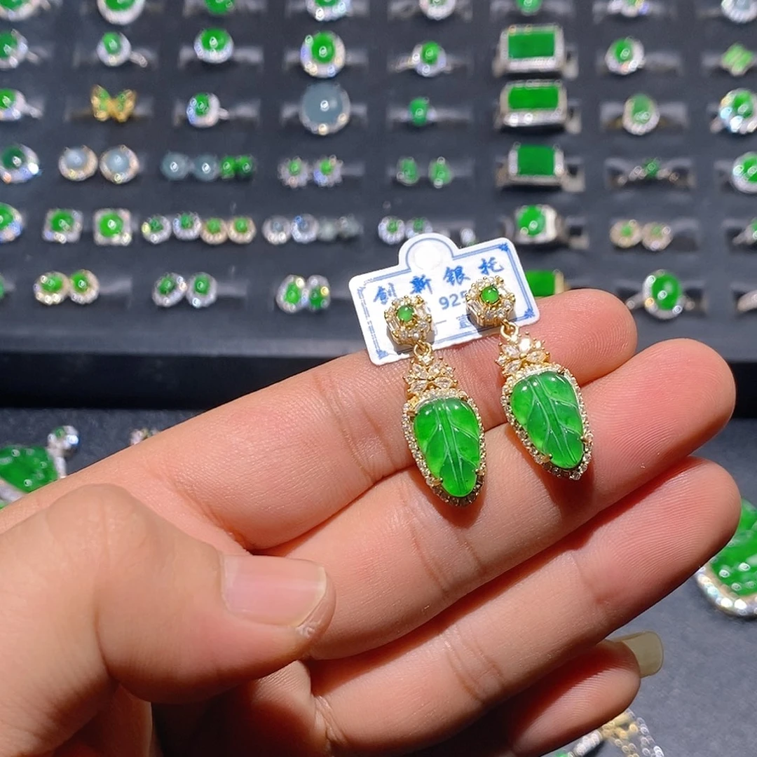 翡翠银S925镀金镶嵌耳饰