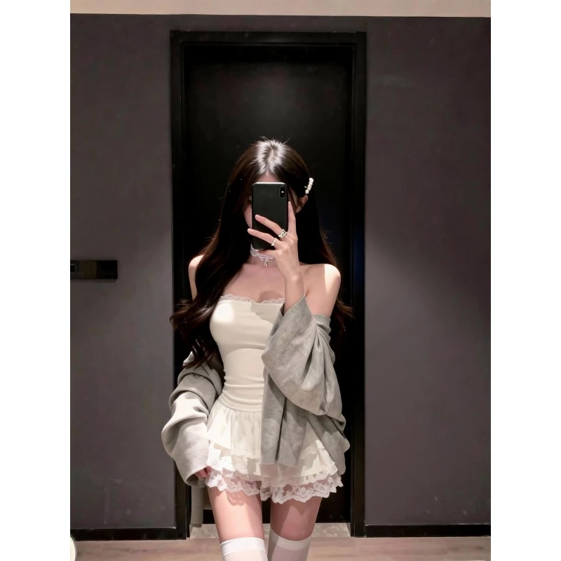 美式辣妹纯欲风修身性感抹胸无袖上衣背心高腰白色蓬蓬裙针织开衫