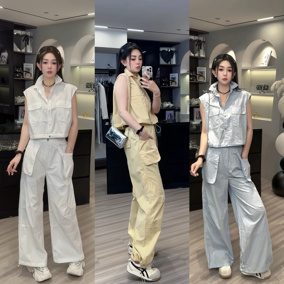 欧货气质休闲时尚套装女2025夏季薄款无袖上衣高腰阔腿裤两件套潮