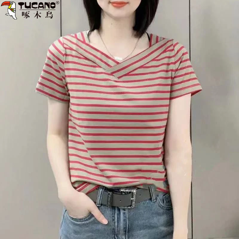 啄木鸟纯棉V领t恤女夏季新款时尚百搭显瘦宽松大码条纹短袖女上衣