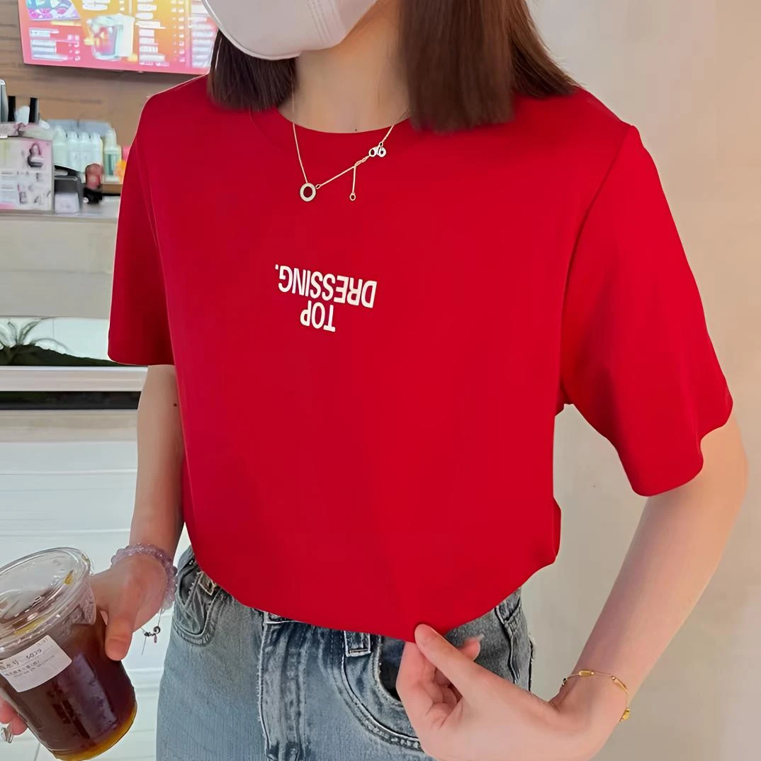 短袖纯色夏季宽松短袖字母T恤休闲风常规圆领