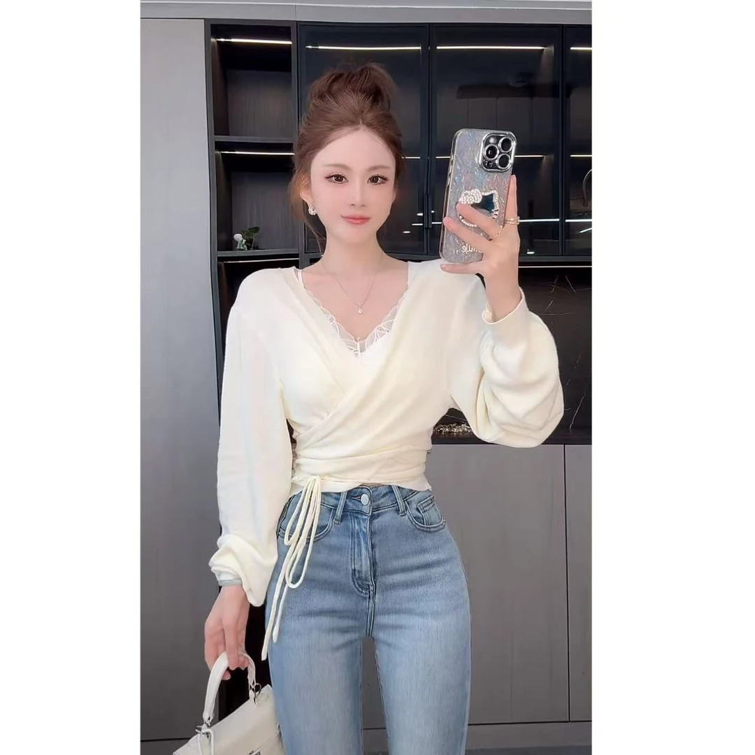 曼曼【特调小衫】 韩系简约交叉绑带一片式V领针织开衫25933#