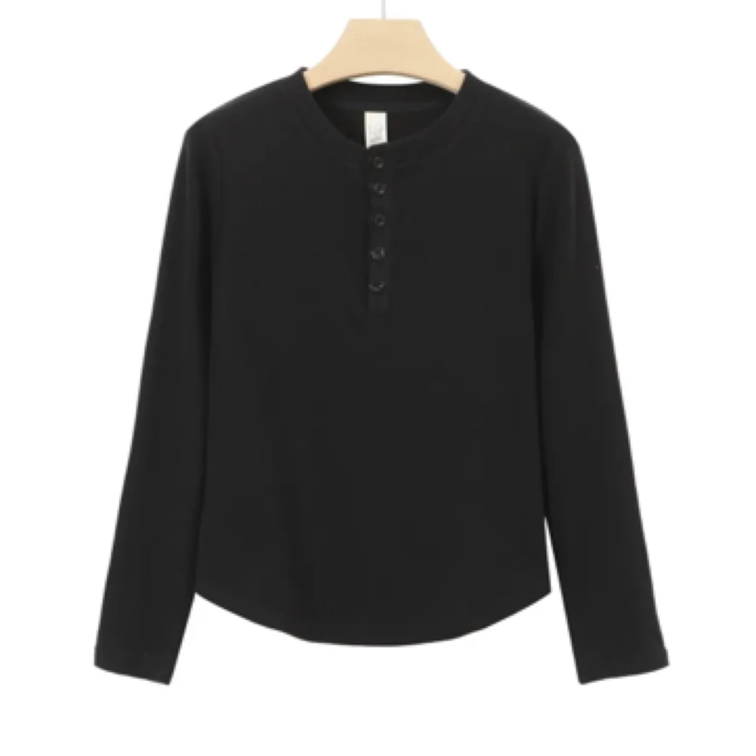 嘉嘉推荐#9826【秋冬加绒加厚款】一排扣圆弧下摆打底上衣