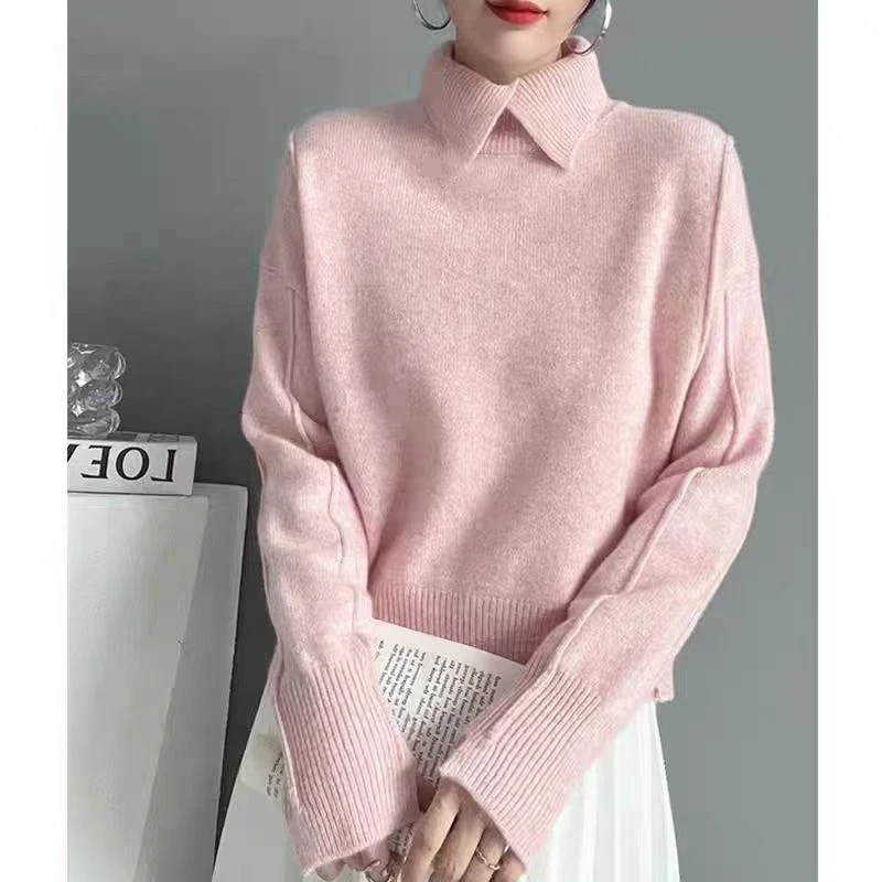 【羊绒羊毛】气质翻领羊绒衫女秋冬毛衣宽松内搭加厚羊毛打底衫上衣
