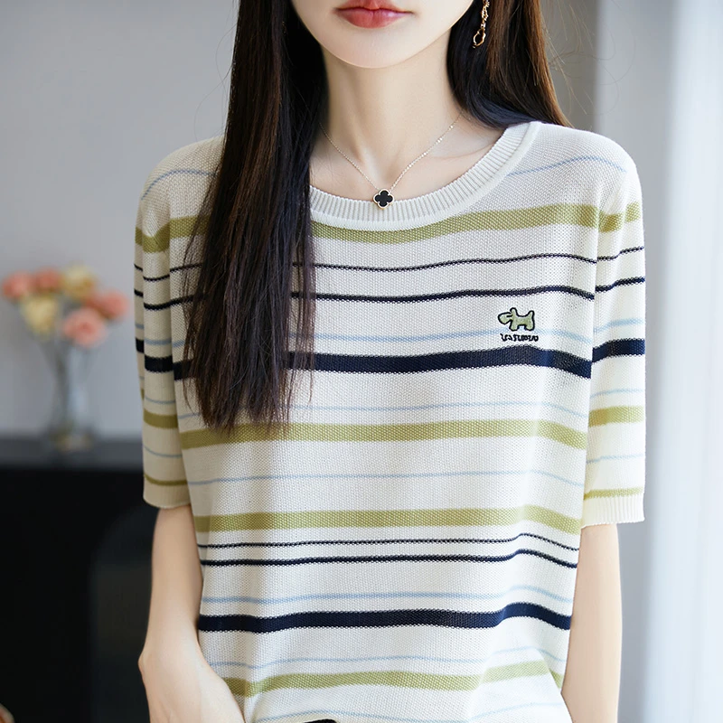 莱赛尔气质条纹卡通刺绣针织短袖女夏季新款时尚洋气撞色宽松上衣