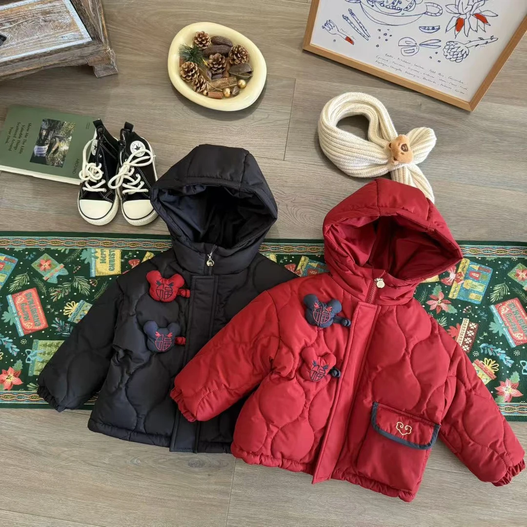 儿童冬季刺绣小熊头加棉加厚连帽外套H1877