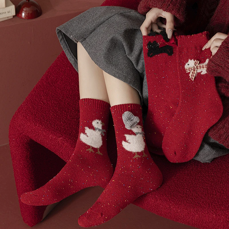 点子纱本命年红袜子女可爱动物羊毛袜新年喜庆秋冬大红加厚保暖袜