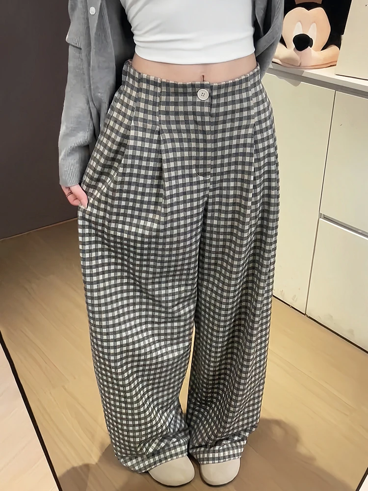 2025秋冬新款复古格子西装裤女半松紧垂感宽松慵懒百搭显瘦阔腿裤