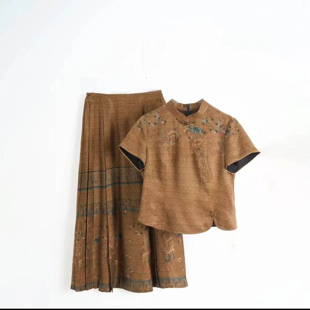 【清扬婉兮】桑蚕丝新中式国风气质香云纱短袖马面裙套装1962F