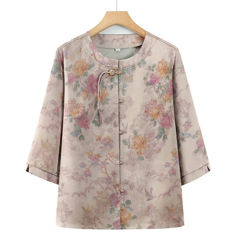 发财花中老年人女装奶奶夏装圆领T恤上衣老太太夏季洋气花色衬衣