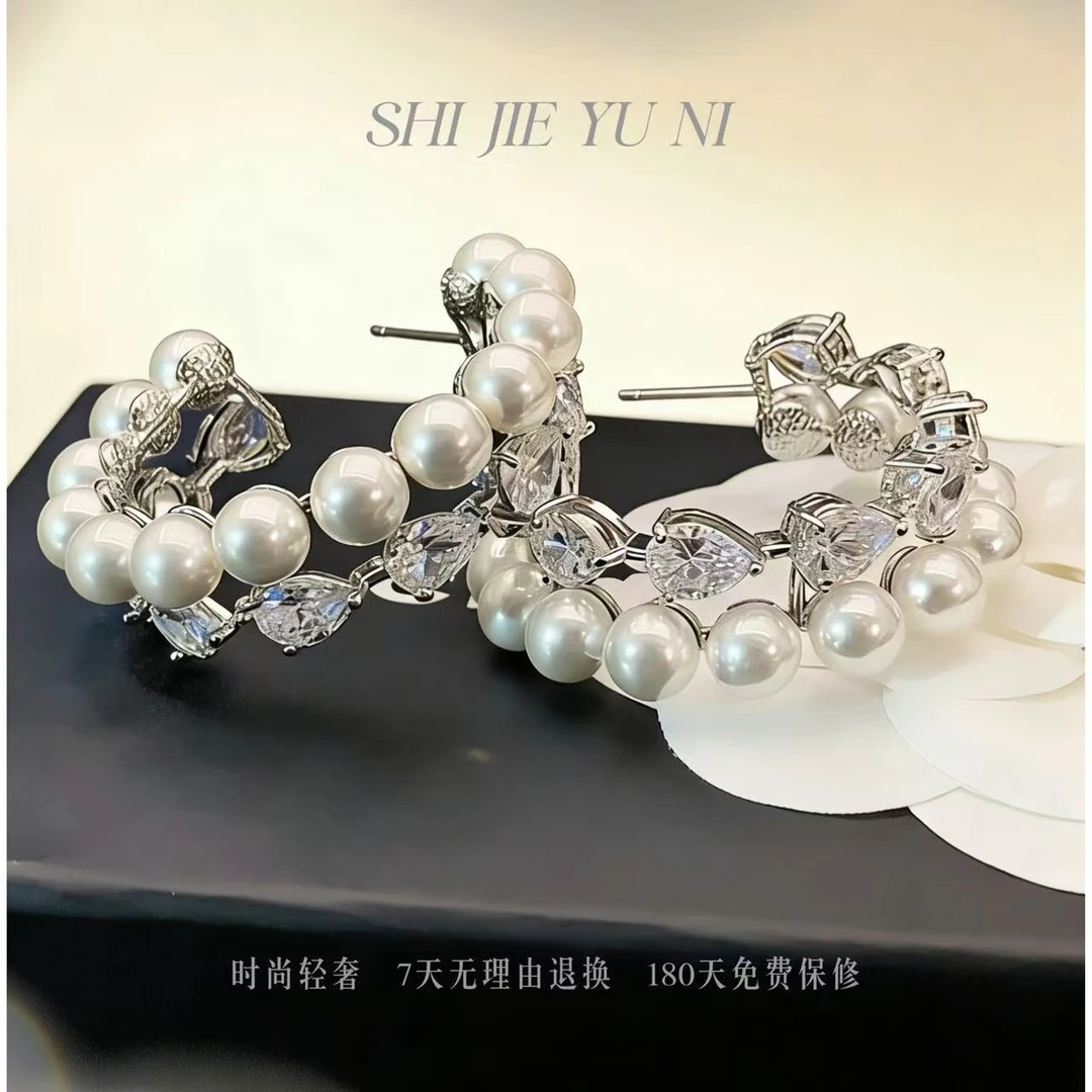 铜合金锆石耳饰 时尚轻奢日韩银色耳圈精致百搭气质简约E772