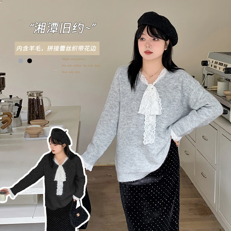 蕾丝织带套头毛衣女冬季新款胖mm含羊毛软糯百搭上衣431932