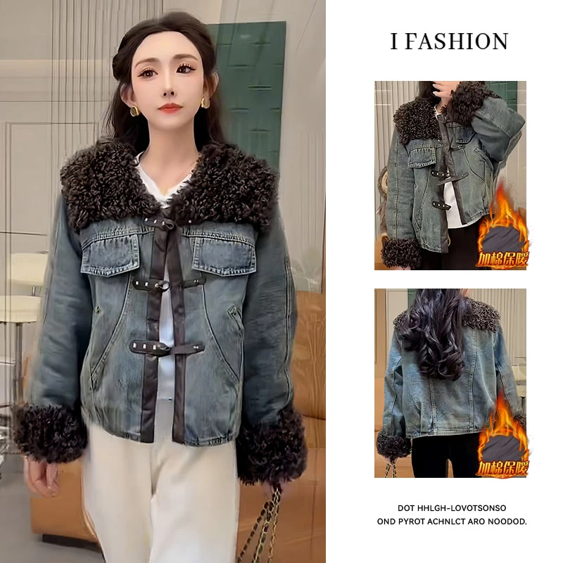 韩版时尚潮流牛仔短外套女2025年秋冬新款加厚保暖设计感小众上衣