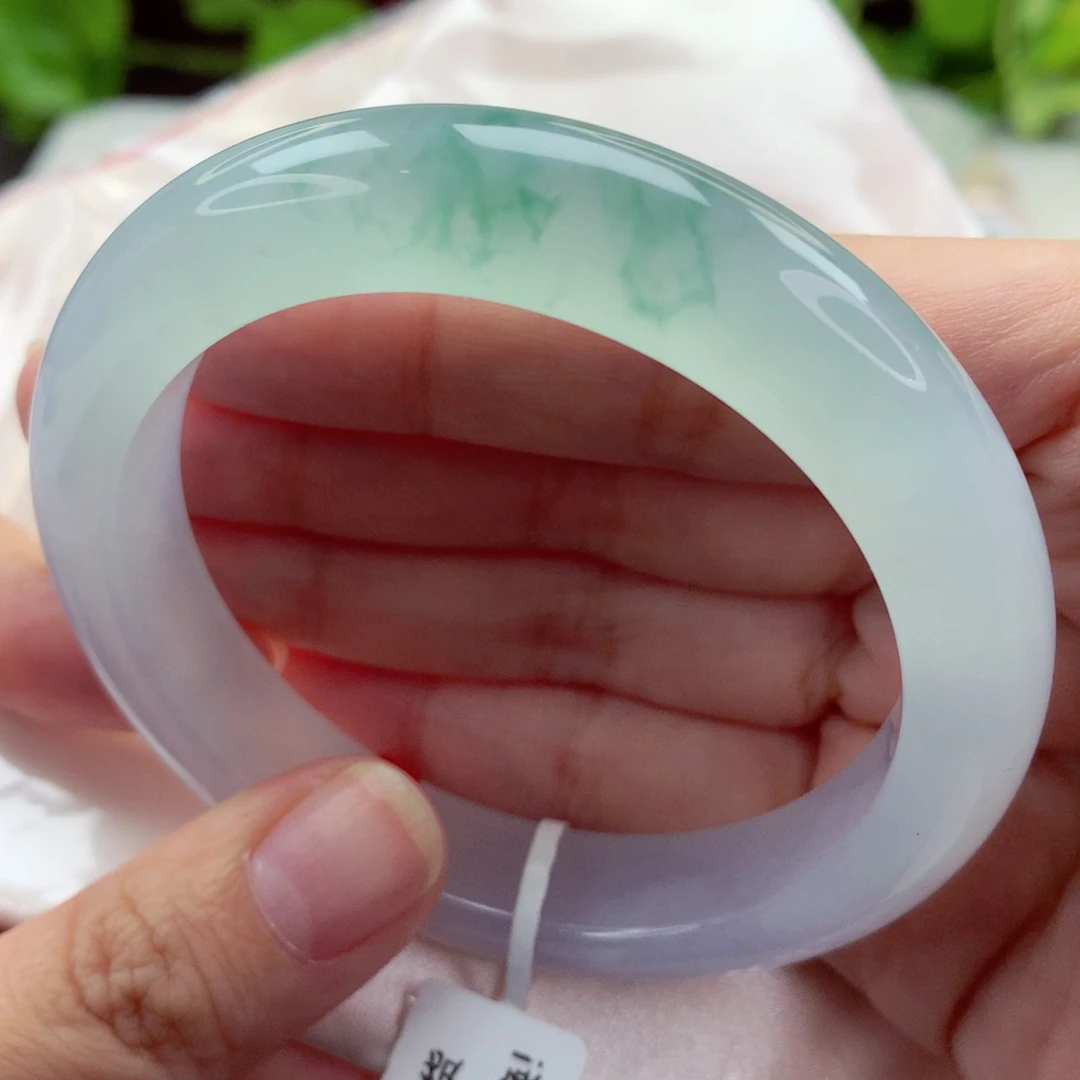 未镶嵌手镯翡翠56.8冰飘绿花 起光 高货微瑕 喵喵