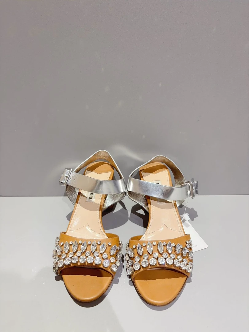 95新 MIU MIU/缪缪 闪亮粗跟凉鞋 36码跟高7cm