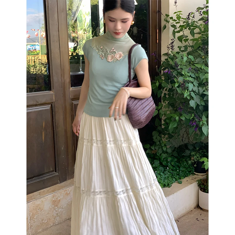 温柔白月光法式文艺感白色蕾丝高腰大摆半裙慵懒又优雅07191