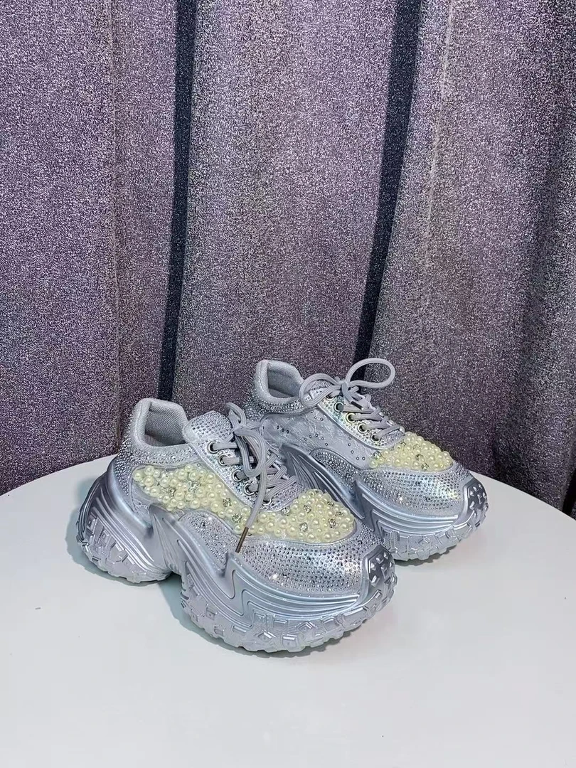 C2230  银色  春秋时尚百搭厚底圆头系带女休闲老爹鞋