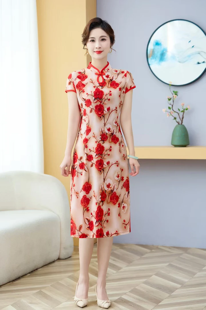 梦绸日常短袖洋气中国风新中式旗袍气质修身中年印花复古女士夏装