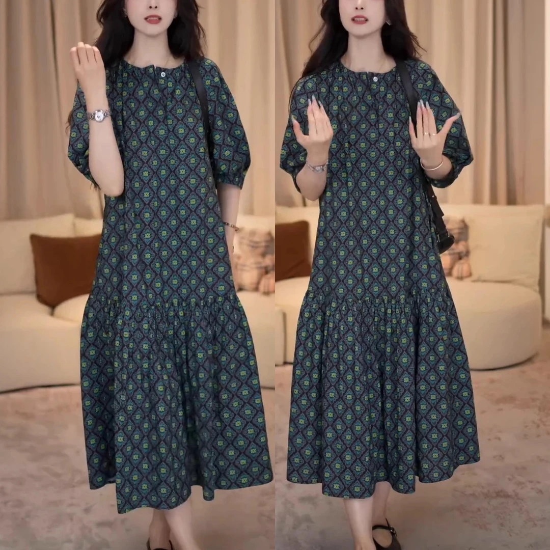 2025夏季百搭碎花显瘦中长裙时尚大气收腰遮肉宽松复古法式连衣裙