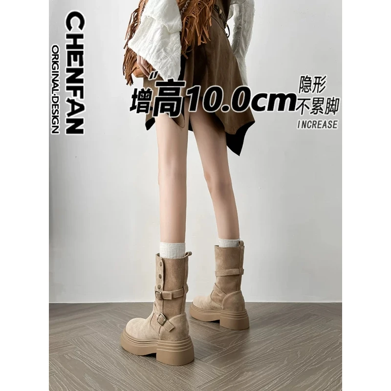 内增高10cm西部风厚底马丁靴女2025新款小个子真皮粗跟显瘦短筒靴