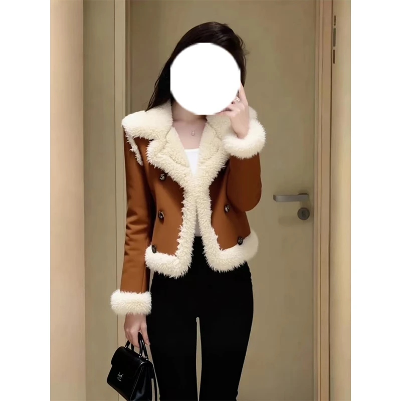 法式小香风羊羔毛拼接短外套2025冬季大码胖MM时尚加厚保暖棉衣潮