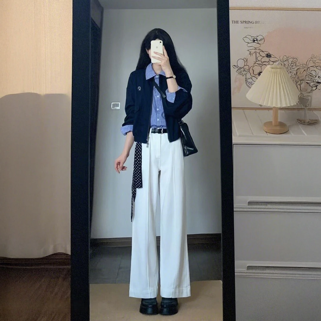 早秋日系夹克外套百搭格子衬衫高腰直筒阔腿裤炸街休闲三件套女潮