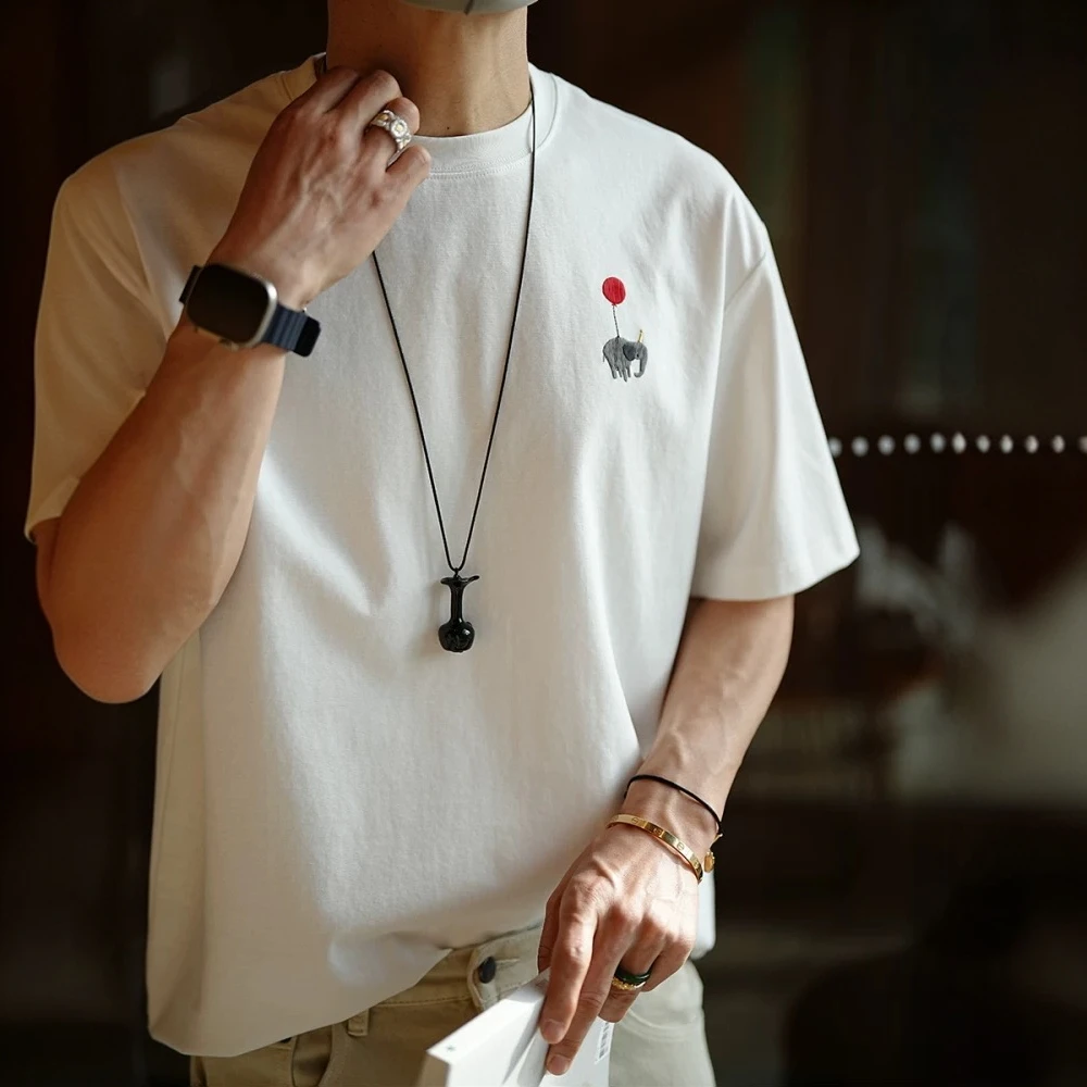韩版极简风趣味卡通小象刺绣纯色简约短袖T恤男款夏季男生夏天t恤