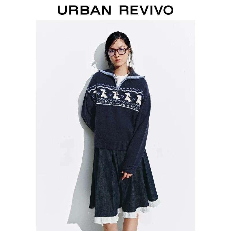 UR2025冬季新款女装趣味图案翻领针织衫UYY950141+