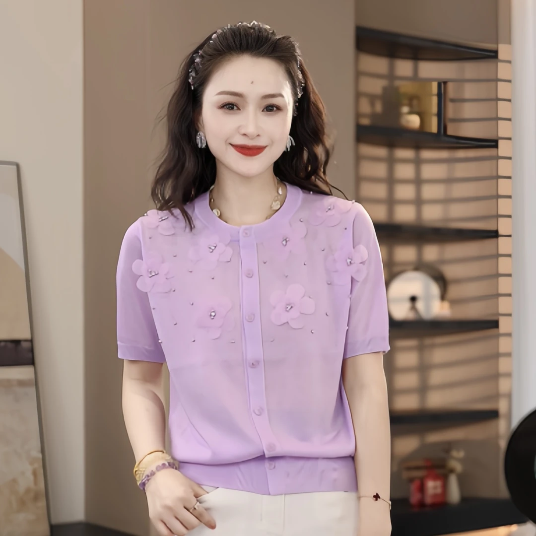 DHR COLLECTTIONS豆豆【花骨朵】夏季薄款圆领针织开衫女上衣D62536