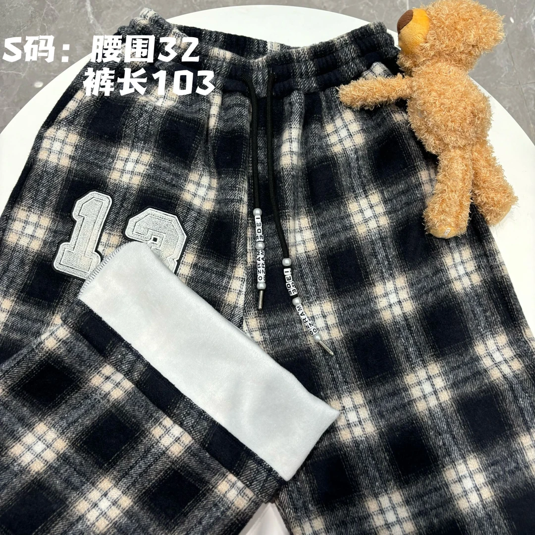 【YU·PP】（059）小众秀场玩偶格子重工绣秋冬加绒抽绳长裤（P0165）