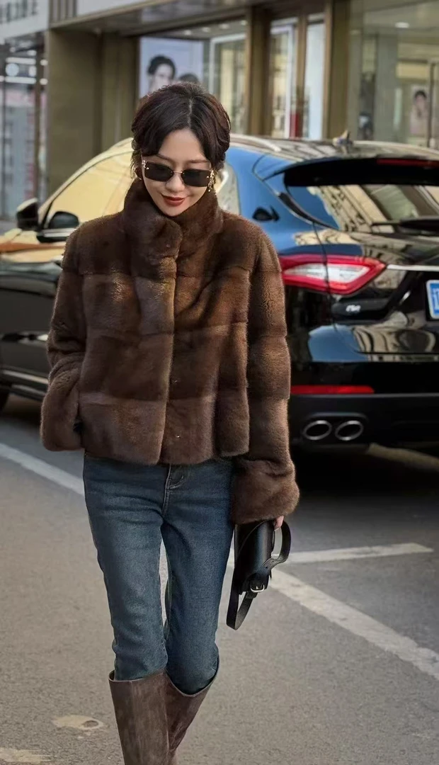 【皮城夫人】新款女士紫金短二水貂上衣女外套2024