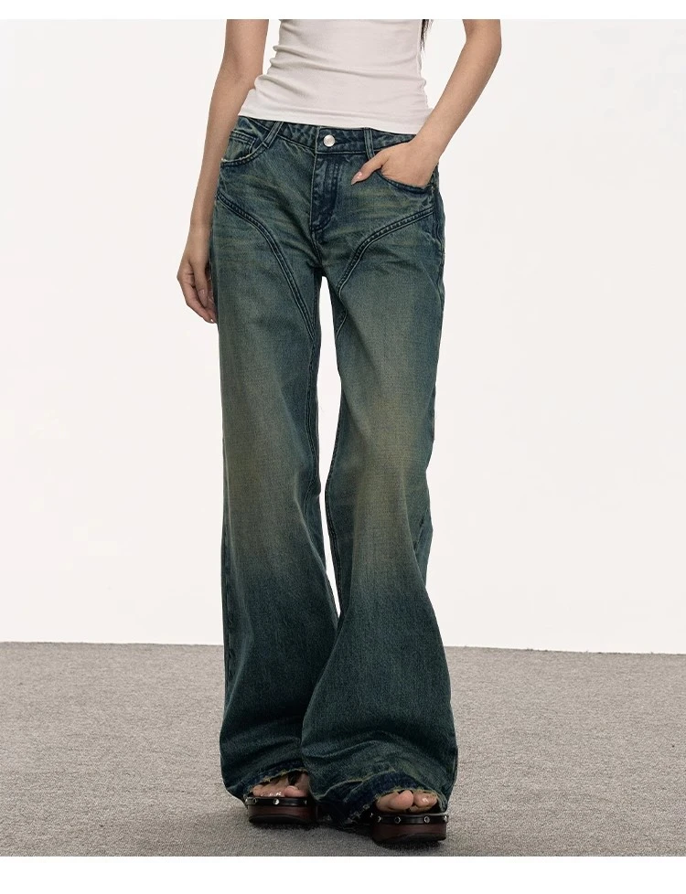 anna aneae直筒牛仔裤女春季复古做旧泛黄阔腿百搭拖地蓝色长裤子