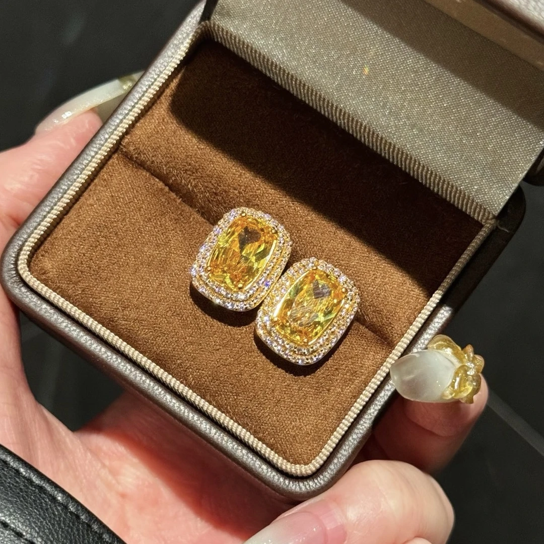 足金长方糖直针耳钉简约5D硬金黄金耳饰