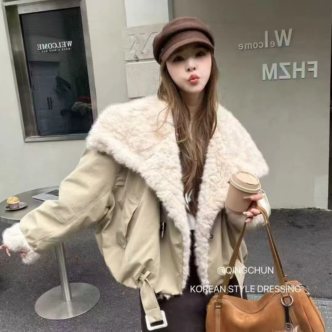 Y95区861白色加绒厚款翻领时尚保暖外套棉服