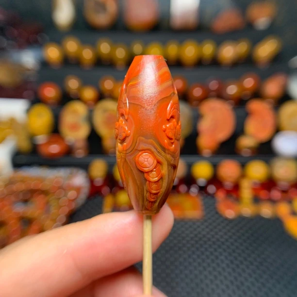 天然原矿战国红桶珠雕刻【双福临门】双天眼47×18mm