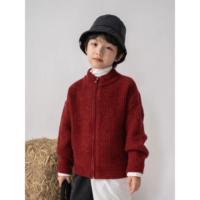 ASKR’疏暖‘【100%羊毛】男童新年红色拜年拉链厚毛衣儿童羊毛衫