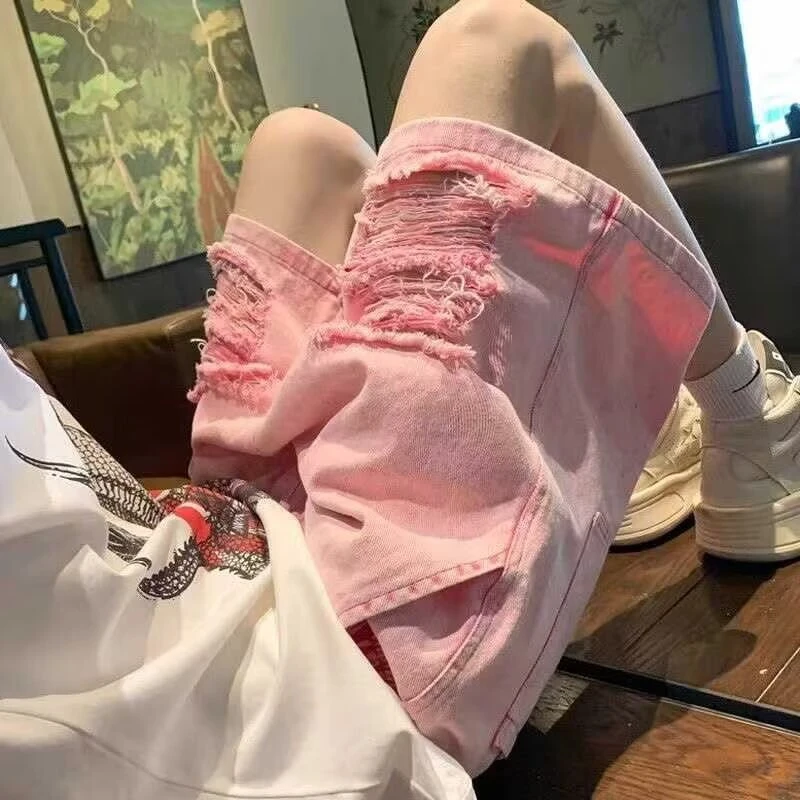粉色牛仔短裤男款夏季破洞多巴胺美式休闲高街百搭宽松直筒中裤子