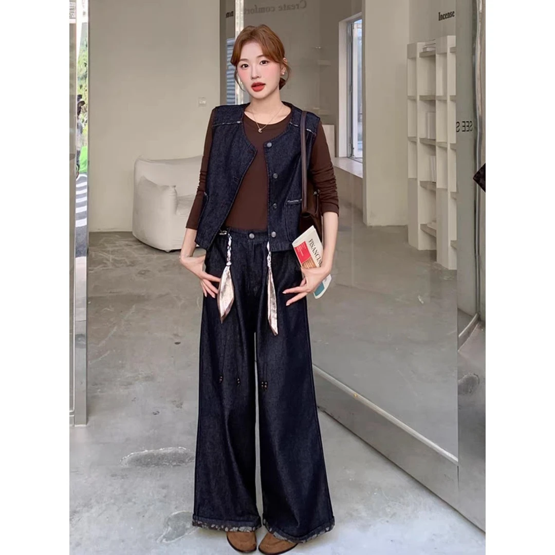 【HT919】深蓝色牛仔马甲t恤阔腿裤时尚套装