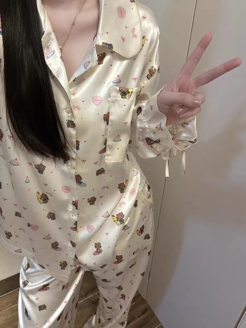 【影子黑皮KITTY-长袖长裤】2025高级夏款长袖长裤居家服睡衣套装