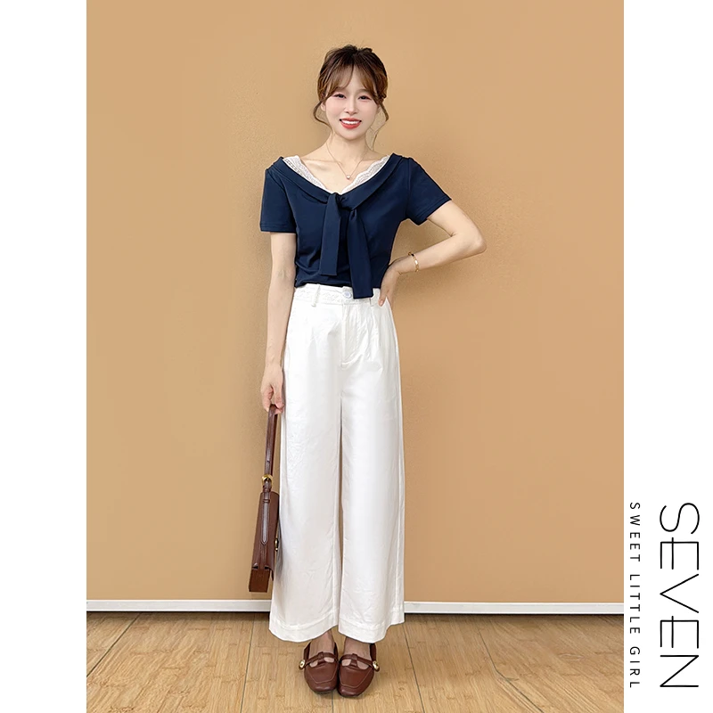 合照C位裤⑧七七146小个子藏青色显腿长直筒休闲裤女夏季薄小美说