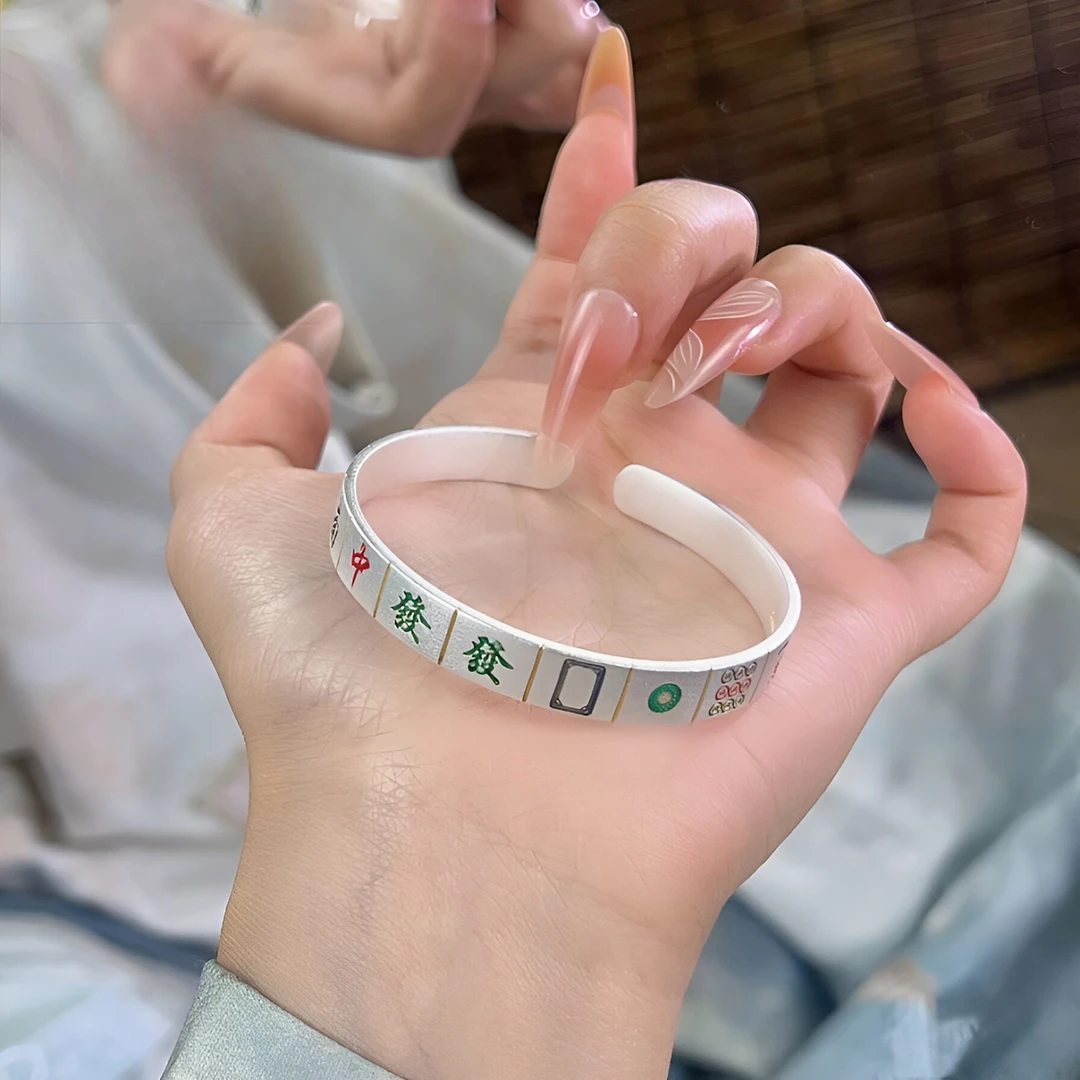 足银手镯 足银9999  十三幺麻将珐琅彩开口实心纯银手镯