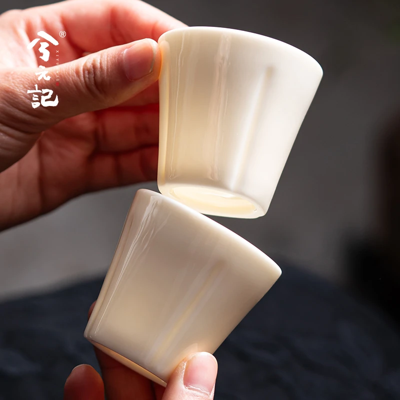 兮元记羊脂玉瓷陶瓷茶杯主人杯单个高档品茗杯喝茶杯子天圆地方杯