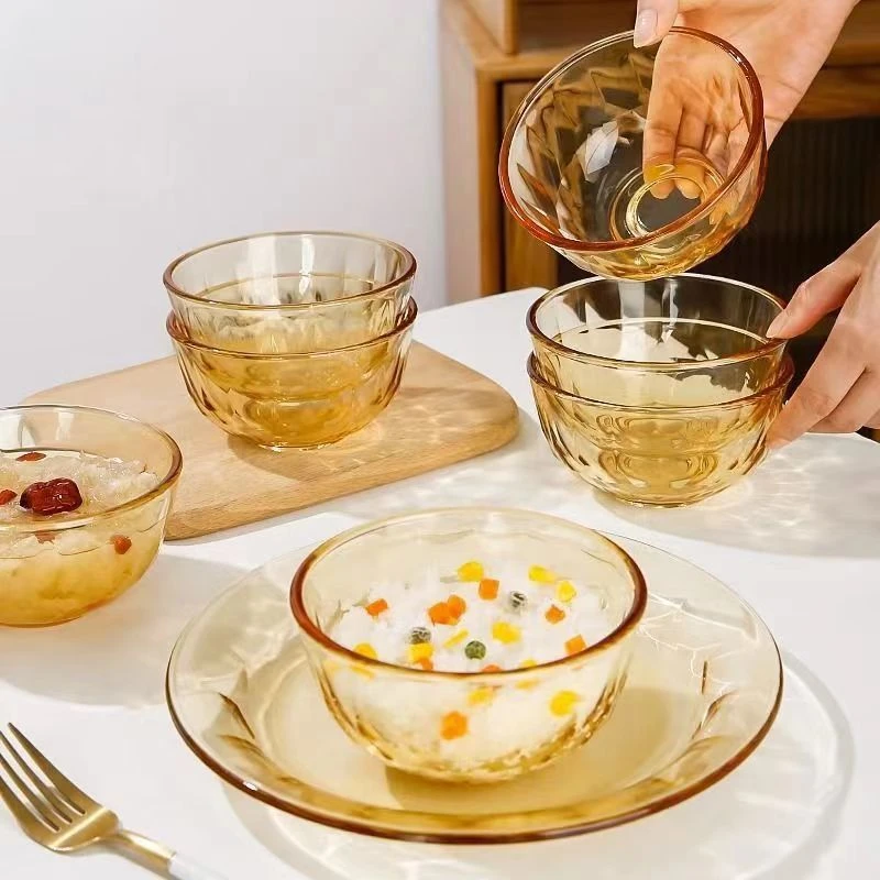 媚家六只450ml琥珀原色高硼硅玻璃逸钻米饭碗家用耐高温微波烤箱