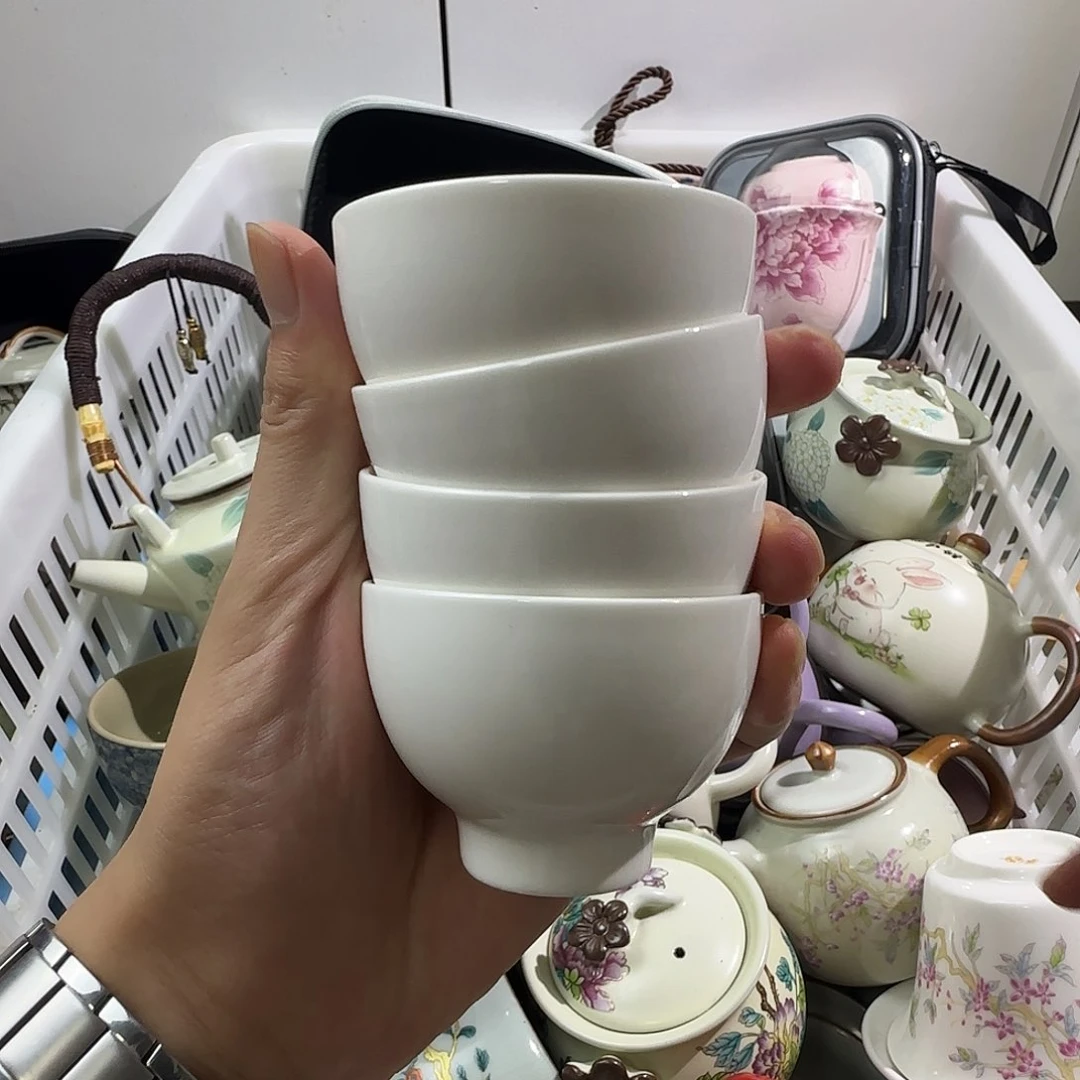陶瓷羊脂玉纯色纳福杯四只装